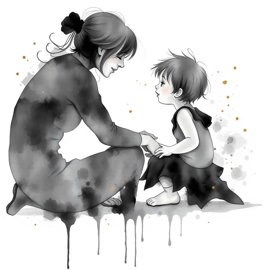Ein Kind und ein Erwachsener atmen ruhig miteinander, goldene Wärmewellen verbinden sie. Aquarell.