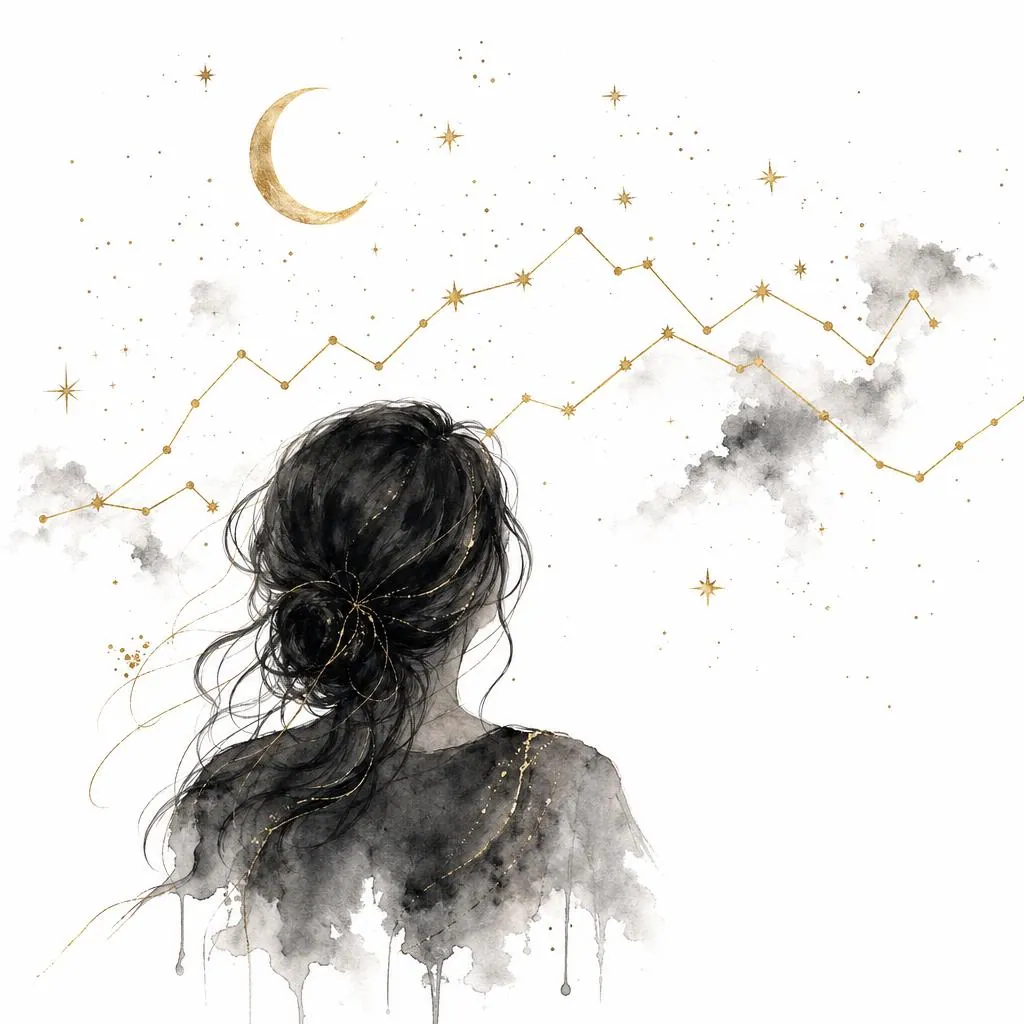 Eine Frau sitzt im Sessel mit offenem Notizbuch, eine warme goldene Sonne hinter ihr. Aquarell, abendliche Ruhe.