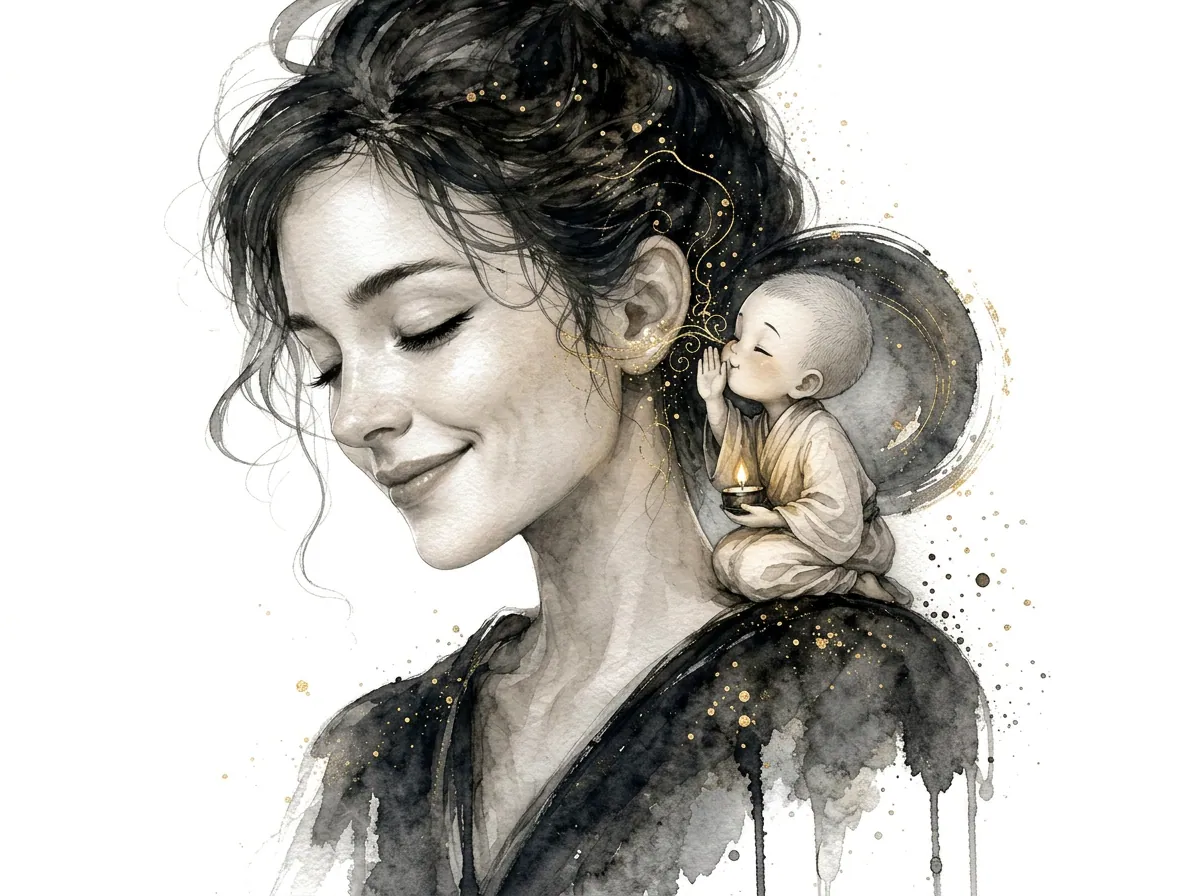 Eine Mutter mit sanftem Lächeln, daneben ein kleiner goldener Vogel, Aquarell als Metapher für eine warme Erinnerung.