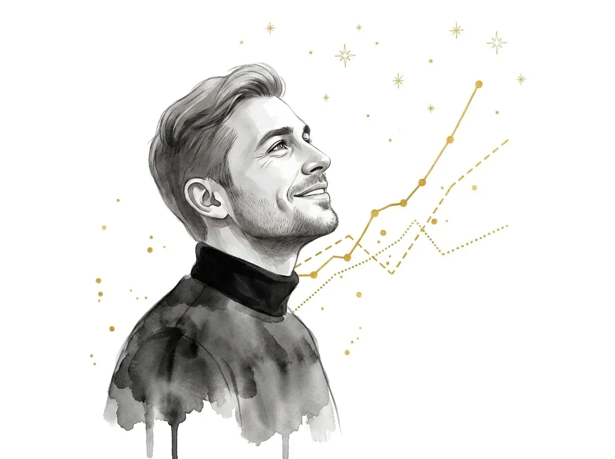 Ein Mann Mitte 30 blickt hoffnungsvoll nach oben zu einer aufsteigenden goldenen Kurve, Aquarell, sonnenaufgangsartig.