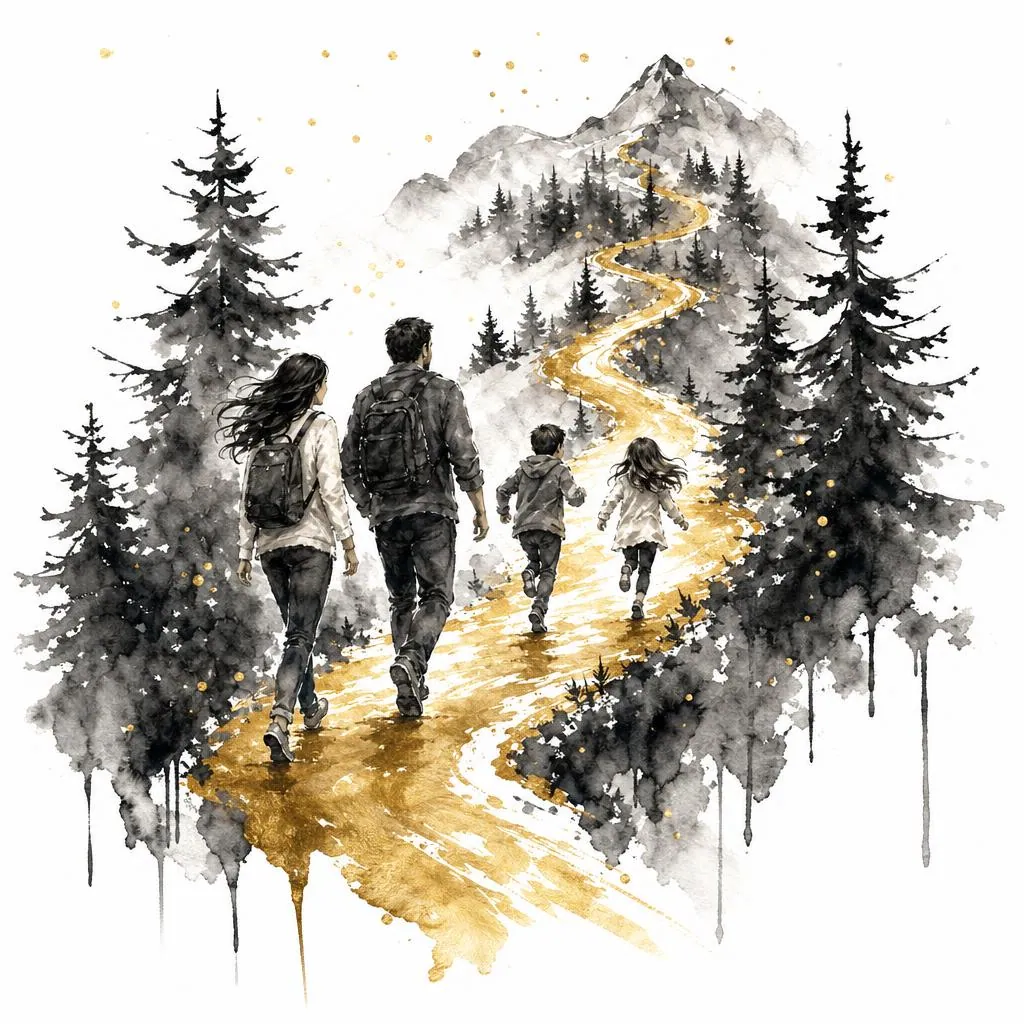 Ein Vater geht auf einem goldenen, sich verzweigenden Pfad, Aquarell mit dunklen Wolken und goldenen Spuren.