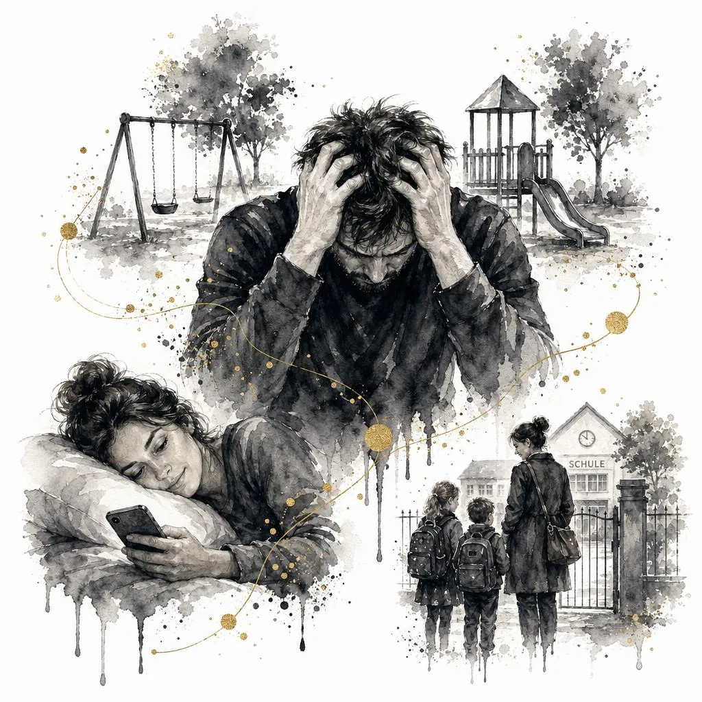 Eine Person greift nach schwebenden goldenen Symbolen: Blatt, Welle, Herz, Feder. Bibliothek der Werkzeuge in Aquarell.